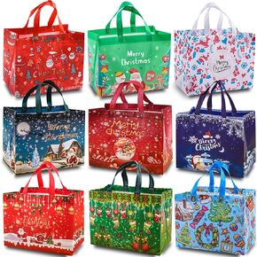 9Pcs Christmas Gift Bags, Christmas Tote Bags with Handles, Reusable Non-Woven Shopping Bags for Xmas Gifts Wrapping Holiday Party Supplies, 12.8"×9.8"×6.7"