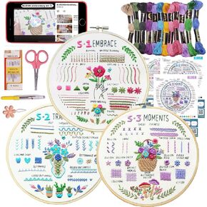 KLOSN 3 Sets Embroidery Kit for Beginners, 37 Embroidery Stitch Kits Adults Beginner with Embroidery Patterns, Punch Needle Point Kits Adults Including Embroidery Supplies and Instruction Video