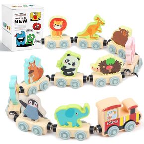 LovesTown 11PCS Magnetic Wooden Animals Train Set, Montessori Toys for Toddlers Toys for Preschool Learning Activities Birthday Kids Boys Girls