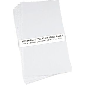 Wanderings Handmade White Deckle Edge Blank Paper - 4x6 - Pack of 50 - Watercolour/Mixed Media Paper - Save The Date Invitations Greeting Cards Notes DIY Arts Crafts - Thick 150 GSM