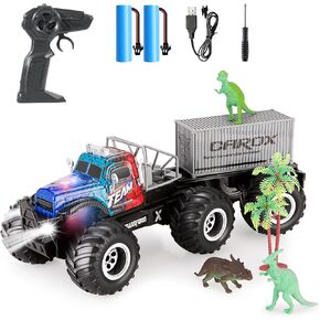 Carox RC Semi Truck with Trailer, Dinosaur Toys,Transform from 4 to 6 Wheels, 19 KM/H 2.4Ghz Monster Truck with 2 Rechargeable Batteries & LED Lights, Toys Gift for Age 3 4 5 6 7 8 9 Years Old Boys