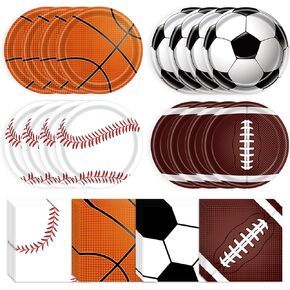Sports Birthday Party Decorations 80Pcs Sports Party Plates and Napkins Baseball Football Soccer Basketball Rugby Disposable Paper Plates Napkins for Boy Birthday Party Decoration Supplies Favors