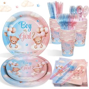 175Pcs Bear Gender Reveal Decorations Plates Set, Boy Or Girl Gender Reveal Decorations Pink Blue Teddy Bear Plates Napkins Cups and Cutlery for 25 Guests