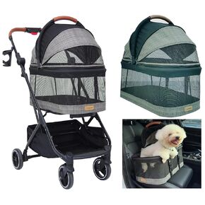 3 in 1 Folding Dog Stroller Cat Stroller Roodo Pet Stroller for Small/Medium Dogs Cats Removable Carrier Car Seat Puppy Kitty Stroller Travel Pet Gear All Terrain Cat Stroller for 2 Cats(Grey lattice)