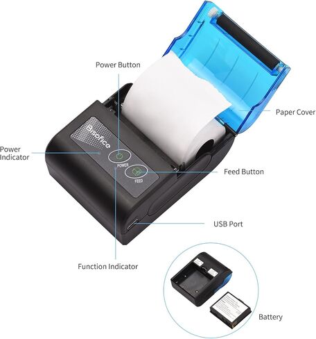 Receipt Printer, Portable Mini Thermal Printer 2 inch Wireless USB Receipt Bill Ticket Printer with 58mm Print Paper Compatible with Android Windows for Small Business Restaurant Sales in Kuwait