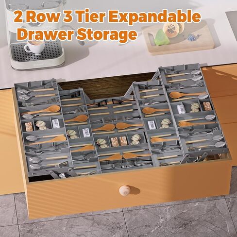 3 Tier Drawer Organizer - Expandable Junk Drawer Organizer Smart Office Supply Organizer, Folding Kitchen Drawer Storage Multi Level Desk Organizer for Makeup, Jewelry, Cosmetics Storage(2 Row 3 Tier) in Saudi Arabia