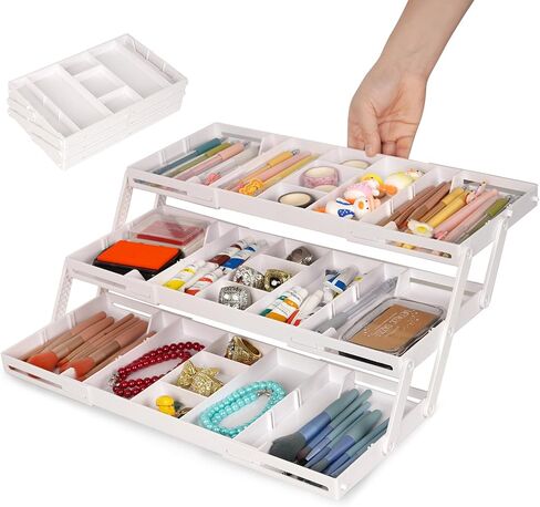 3 Tier Drawer Organizer - Expandable Junk Drawer Organizer Smart Office Supply Organizer, Folding Kitchen Drawer Storage Multi Level Desk Organizer for Makeup, Jewelry, Cosmetics Storage(2 Row 3 Tier) in Saudi Arabia