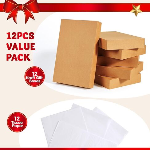 JOYIN 12PCS Christmas Shirt Gift Boxes with Lids for Presents, 14.25" x 9.5" x 1.8" Brown Kraft Clothes Gifts Wrap Boxes with Tissue Paper for Sweater, Robe, Xmas, Holidays, Father's Day, Birthdays in Saudi Arabia