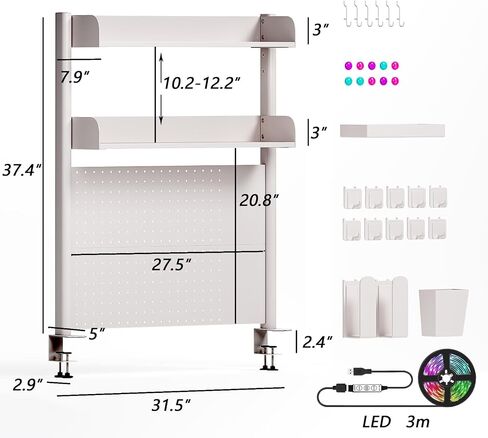 Industrial Desktop Bookshelf, 2 Tier Computer Desk Bookcase with Colorful LED Strip, Multifunctional Freestanding Storage Rack Display Shelf for Office, Home Decor. White. in Saudi Arabia