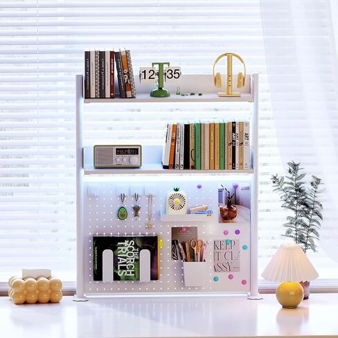 Industrial Desktop Bookshelf, 2 Tier Computer Desk Bookcase with Colorful LED Strip, Multifunctional Freestanding Storage Rack Display Shelf for Office, Home Decor. White. in Saudi Arabia