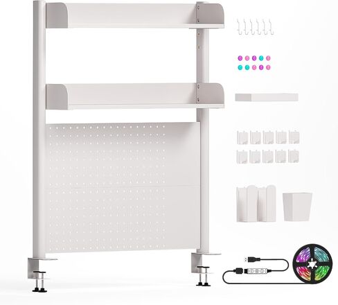 Industrial Desktop Bookshelf, 2 Tier Computer Desk Bookcase with Colorful LED Strip, Multifunctional Freestanding Storage Rack Display Shelf for Office, Home Decor. White. in Saudi Arabia