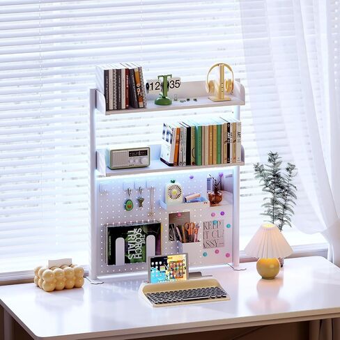 Industrial Desktop Bookshelf, 2 Tier Computer Desk Bookcase with Colorful LED Strip, Multifunctional Freestanding Storage Rack Display Shelf for Office, Home Decor. White. in Saudi Arabia