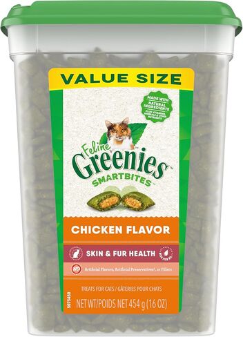 FELINE GREENIES SMARTBITES Skin & Fur Health Crunchy and Soft Textured Adult Natural Cat Treats, Chicken Flavor, 16 oz. Tub in Kuwait