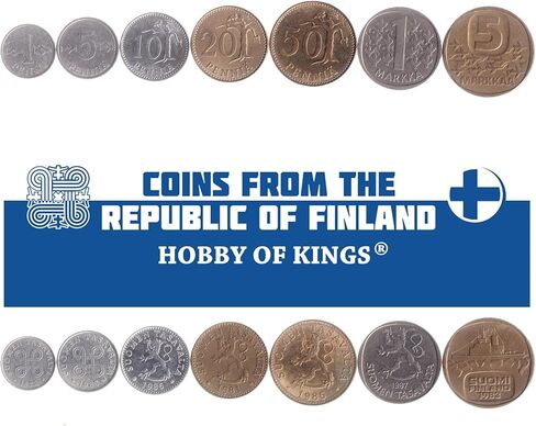 6 Coins from Finland | Finnish Coin Set Collection 1 5 10 20 50 100 Markkaa | Circulated 1952-1962 | Tree | Saint Hannes Cross in Kuwait