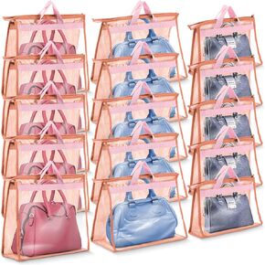 Shappy 15 Pieces Dust Cover Organizer Bags for Handbags, 3 Sizes Clear Handbag Storage Bag Purse Storage with Zipper and Handles Dust Bags for Purses Handbags Closet, 5 Each Size (Pink)