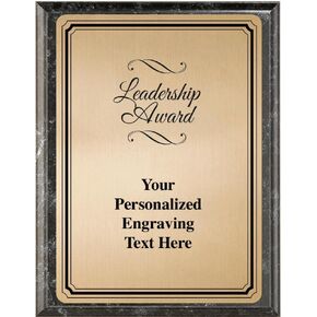 Crown Awards Leadership Award Plaque Award, 6x8 Personalized Gold Recognition Metal Trophy On Black Marble Plaque with Custom Engraving Prime