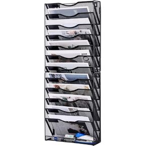 Hanging Wall File Holder Organizer 12 Tier, Mesh Wall Mounted Magazine Document Paper Rack, Desk Organizer for Office Home Classroom Organization, Black