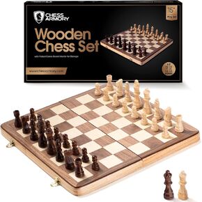 Chess Armory Wooden Chess Set 15 Inch Portable Travel Chess Board Game for Adults and Kids with Extra Queen Piece and Storage Box