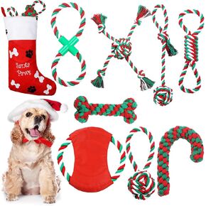 Shappy 10 Pcs Christmas Dog Toys with Dog Christmas Stocking Adorable Dog's Gift Tough Rope Toy Dog Stocking Dog Dog Rope Chew Toy for Puppy Small Medium Dog Training Teething Cleaning