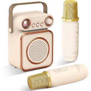Mini Karaoke Machine with 2 Wireless Microphones Portable Bluetooth Microphone with Speaker for Kids and Adults Speaker with Light Birthday Gifts for Girls Ages 4~12+ Years Old (Beige)