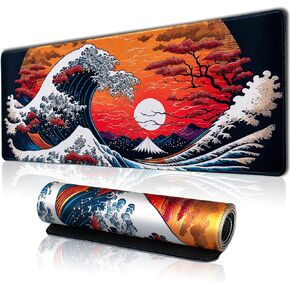 Japanese Sea Waves Large Gaming Mouse Pad for Desk, Desk Mat with Seamed Edges, Waterproof Desk Pad, Non-Slip Rubber Base, 31.5x11.8 Inch Keyboard Pad Computer Mat, Big XL Mousepad