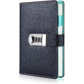 ARRLSDB Password Diary with Lock, PU Leather Combination Lock Diary (Combination Lock Journal) A6 Refillable Leather Journal, Size:18.5X13.5 cm (Black)