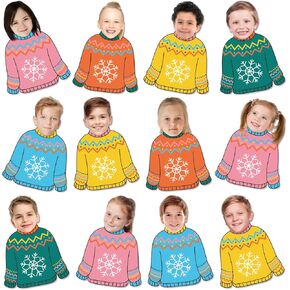 45Pcs Winter DIY Paper Cutouts Snowflake Ugly Sweater Cut-Outs Christmas Bulletin Board Decoration with 100Pcs Glue Points for Xmas Party Classroom Home Photo Crafts
