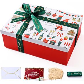 YANGTE Christmas Gift Box with Lids, Large Red Gift Box for Christmas with Contains Card, Envelope, Ribbon, Shredded Paper Filler, 11.42 x 8.66 x 4.13 inch Gift Box for Presents