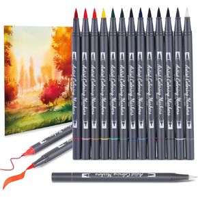 Watercolor Pens Set, 24-Color Dual Tip Paint Markers, Water-Based Coloring Markers with 1 Aquapen, 1 Colorless Blender, and 12-Page Pad, Art Supplies for Artists & Beginners