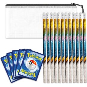 Pokemon Pencil Party Favors for Kids Bundle ~ 12 Pcs Pokemon Pencils and Erasers Set with Storage Bag, Pokemon Cards and More School Supplies