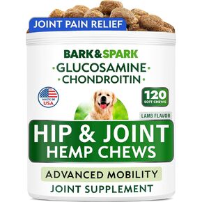 BARK&SPARK Advanced Hemp Chews for Dog Joint Pain Relief - Glucosamine Chondroitin Hemp Treats Hip Joint Health - Joint Supplement Large Breed & Small - Hemp Treats Joints Old Senior Dog (120Ct/Lamb)