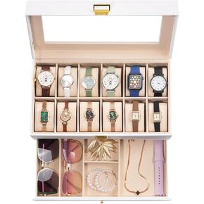 ProCase Watch Box for Men, 12 Slot Mens Watch Case With Drawer, Watch Display Case With Glass Lid, 2-Layer Watch Holder Organizer, Jewelry and Watch Storage for Men Women -12Slot, Espresso
