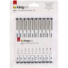 KINGART 430-10 PRO Inkline Black Micro Line & Precision Graphic Pens, 10 Assorted Nibs, BLACK Archival Waterproof Japanese Ink for Art, Illustration, Calligraphy, Sketching, Anime, Technical Drawing, Manga