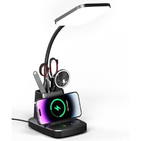 Desk Lamp with Wireless Charger, LED Desk Lamps for Home Office, 800 Lumens, Small Desk Lamp with Pen Holder, Flexible Arm, 3 Modes, Dimming, Touch Lamp for College Dorm Room