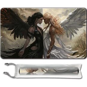 MTG Playmat (Stitched) Size 24x14in Including Storage Bags - Ideal for Card Game Enthusiasts TCG Playmat Mouse Pad with Card Zones (No Zone,Black and White Angel)