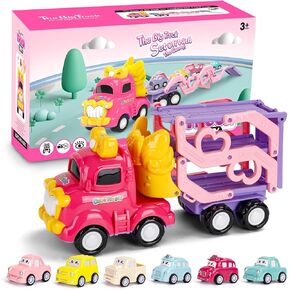 Toddler Car Toys for 1, 2, 3+ Year Old Girls, 7-in-1 Carrier Truck for Age 1 2 3 with Light & Music 3-Layer Transport Truck for Kids Baby Girls, Birthday Gift