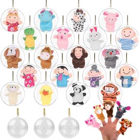20 Clear Christmas Ball Ornaments Filled with Finger Puppets - Fill with Toys or Surprises for Decor, Xmas Tree, Birthdays, Parties, Events