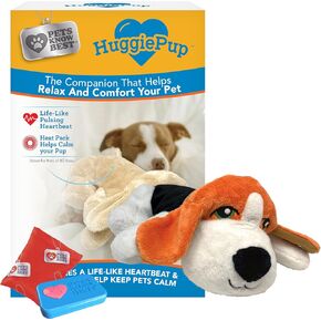 Pets Know Best presents HuggiePup - Cuddly Puppy Behavioral Aid Toy, Great for Crate Training- Pulsing Heartbeat, Heating Pack- Chocolate Dog