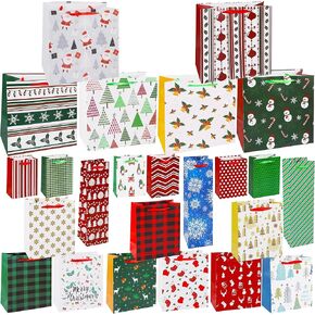 Lulu Home Christmas Wrapping Bags, 24 Packs Assorted Size Art Paper Gift Bags Set with Handles, Xmas Large Medium Small Bottle Bags for Holiday Birthday Present Packaging