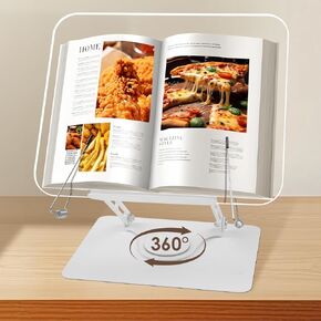 Acrylic Book Stand for Reading, Book Holder, Height Adjustable, Foldable Cookbook Stand with 360° Swivel Base&Page Clips, for Music Scores, Magazines, Book, Laptop