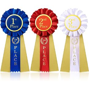 MTLEE 3 Pcs Award Ribbons 1st 2nd 3rd Place Ribbon Participation Ribbon Rosette Winner Prize Ribbons First Second Third Medal Ribbons for School Classroom Recognition, Blue, Red, White,6.5 x 3 Inch