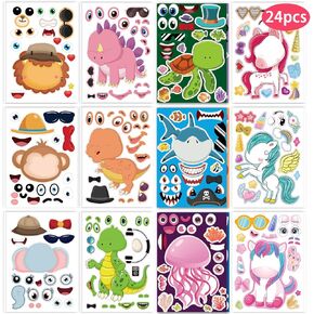 24 Pcs Make Your Own Sticker Sheets for Kids, Mix and Match Animal Face Stickers for Kids 3-5, 4-8, Toddlers Crafts Activities Gifts Goodie Bags Birthday Party Favors for Toddlers 2-4 Years