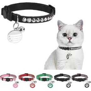 Leather Personalized Breakaway Cat Collar with Studded Bell and Safety Quick Release Buckle - Rivets Studded ID DIY Collars for Boy Girl Cats Kittens, 9" - 11.5" Black