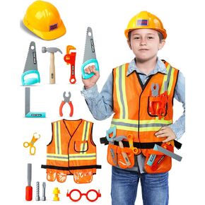 Cosmic Chameleon Kids Construction Toys- 13Pcs Pretend Play Toys Set with Kids Construction Hat, Vest & More- Kids Tool Set for Boys & Girls- Halloween Kids Construction Worker Costume, Birthday Gift