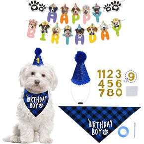 Agirlvct Dog Boy Birthday Party Supplies,Birthday Hat, Bandana, Banner,Puppy Pet Theme Birthday Decorations Suit for Golden Doodle Teddy Husky Labrador((3 PCS Blue)