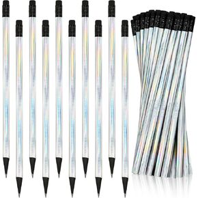 Tinlade 36 Pack Black Wood Cased 2 HB Pencils Soft Cool Pencils Holographic Pencil with Eraser Holographic Barrel for Home Office School Classroom Supplies, 7.36 Inch (Silver)