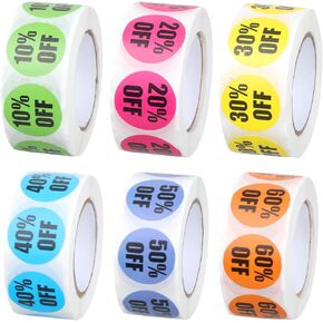 6 Rolls/3000 PCS Percent Stickers, 10 to 60 Percent Discount Labels Price Sticker Labels Adhesive Discount Clearance Stickers 1 Inch Colorful Circle Pricemarker Tag Stickers for Retail Store Clearance