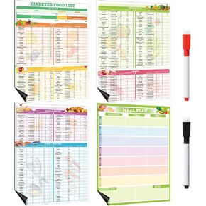 Pasimy 4 Pcs Diabetes Food Lists Chart Magnet Fridge 11" x 14" Diabetic Meal Planner Magnetic Prediabetes Grocery Food Journal Log with 2 Dry Erase Pens Serving Size Carbs Calories Glycemic Index