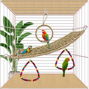 Bird Seagrass Mat Set, Parrot Hammock with Swing, Climbing Rope Ladder & Chew Toys, Natural Grass Woven Net, Bird Cage Accessories for Parakeet, Cockatiel, Canary, Conure, Lovebird, Budgie, Finch