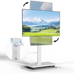 Mobile TV Stand with Power Outlet, Height Adjustable with Handle Stepless Lift,Rolling TV Stand for 32-75inch TVs with 90 Rotating,Portrait to Landscape,TV Cart with Wheels Holds up to 110lbs (Black)